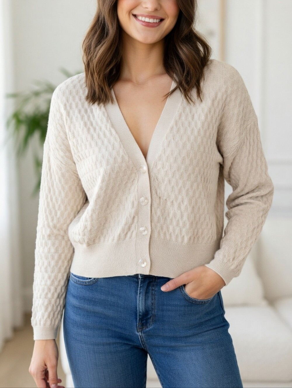 Only Cream V-Neck Button Front Honeycomb Textured Knit Cardigan Sweater Size M